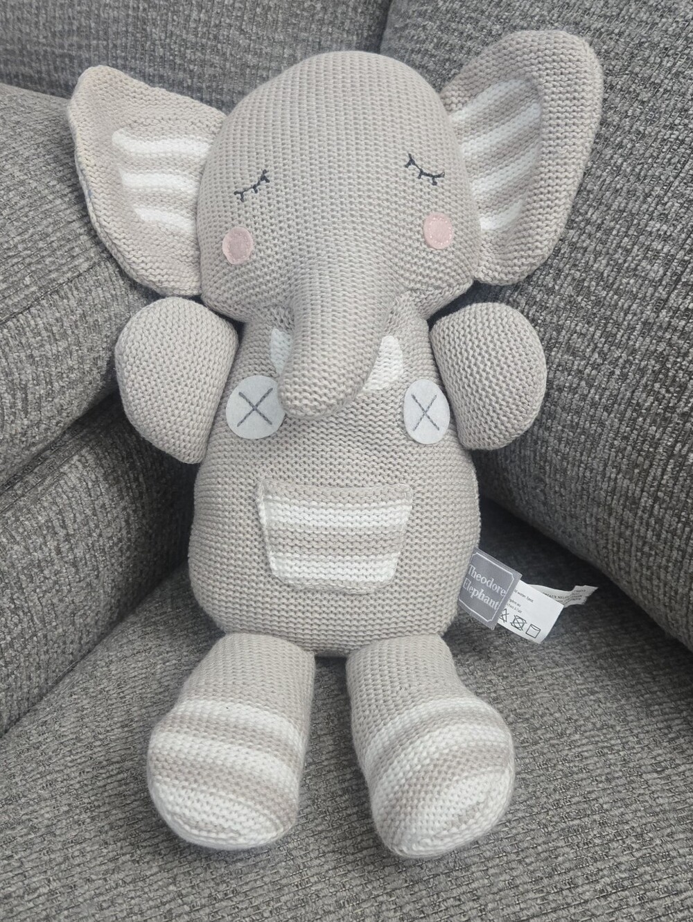 Theodore Elephant Knit Plush With Rattle Gray